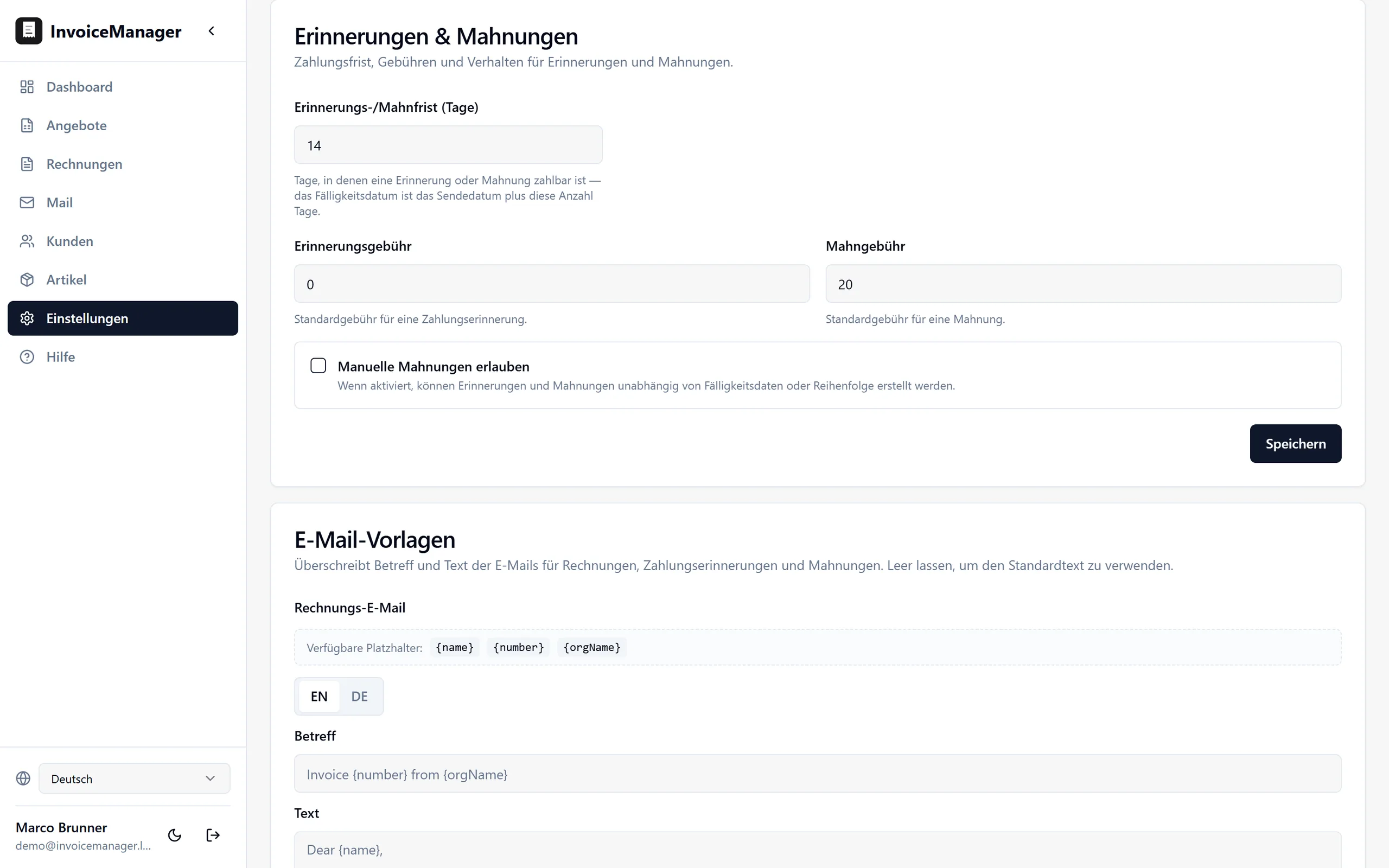 Settings page, "Reminders & dunning" section: the reminder and dunning term in days, the reminder fee, the dunning fee, and the switch that allows dunning notices to be raised independently of due dates and order.