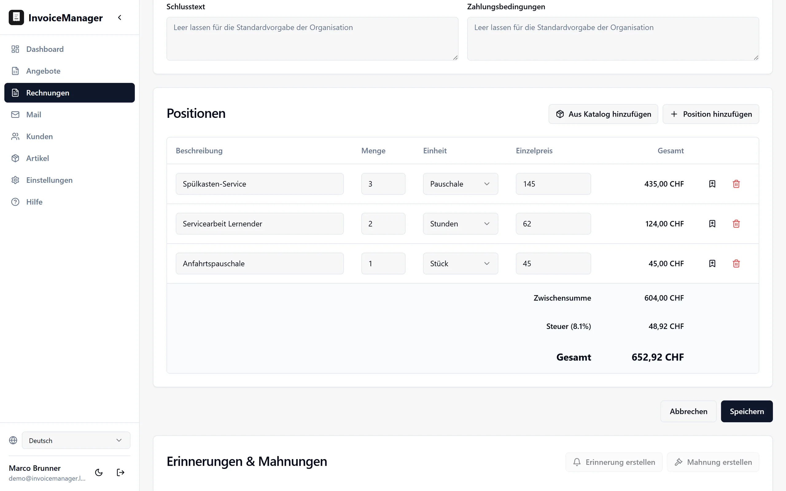 Invoice editor, line-items section: rows with description, quantity, unit and unit price each carrying its line total, the "add from catalogue" and "add line" buttons above them, and the subtotal, tax and grand total below.