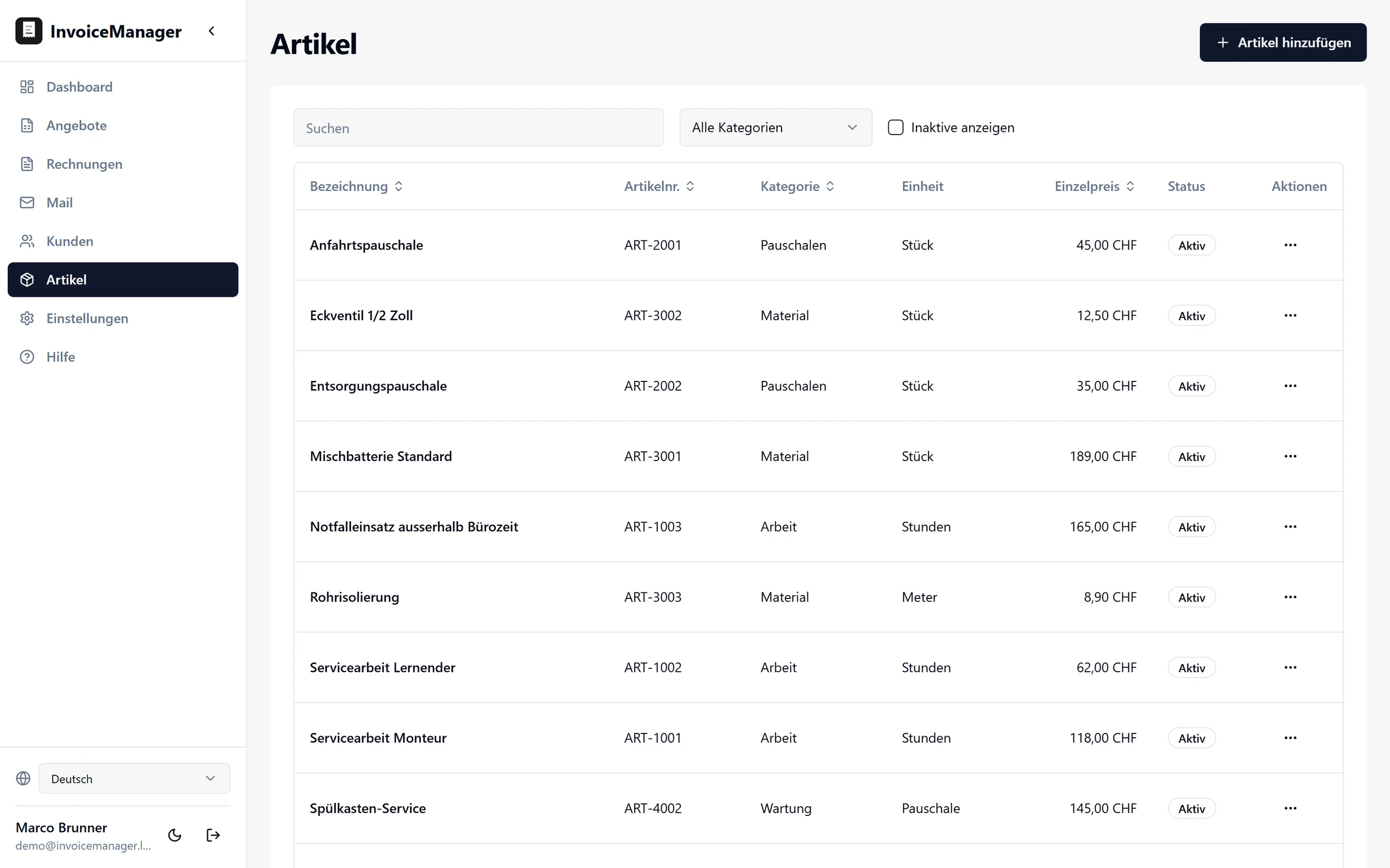 Item catalogue: the list of saved line items with name, article number, category, unit and price, with the search box and category filter above it.