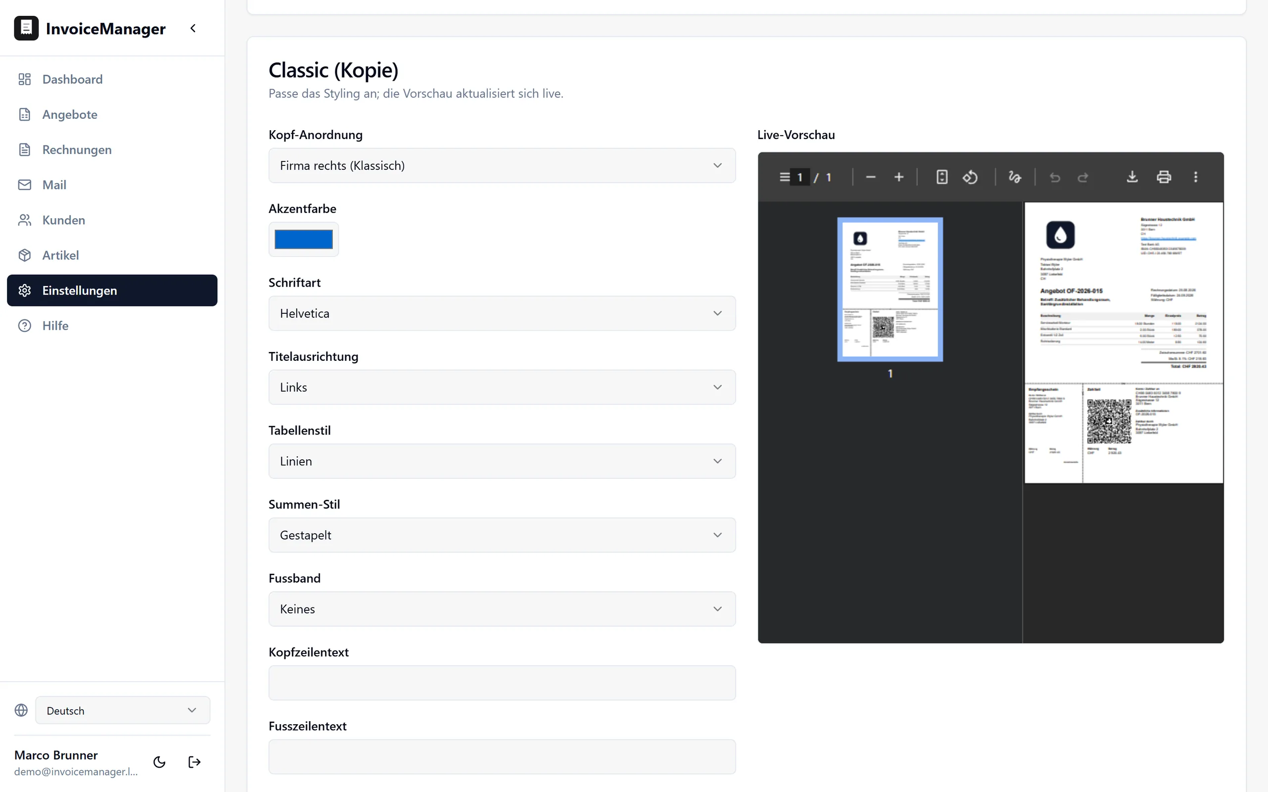 Layout editor: header arrangement, accent colour, font, table and totals style on the left; the live preview with the fully rendered PDF invoice on the right.