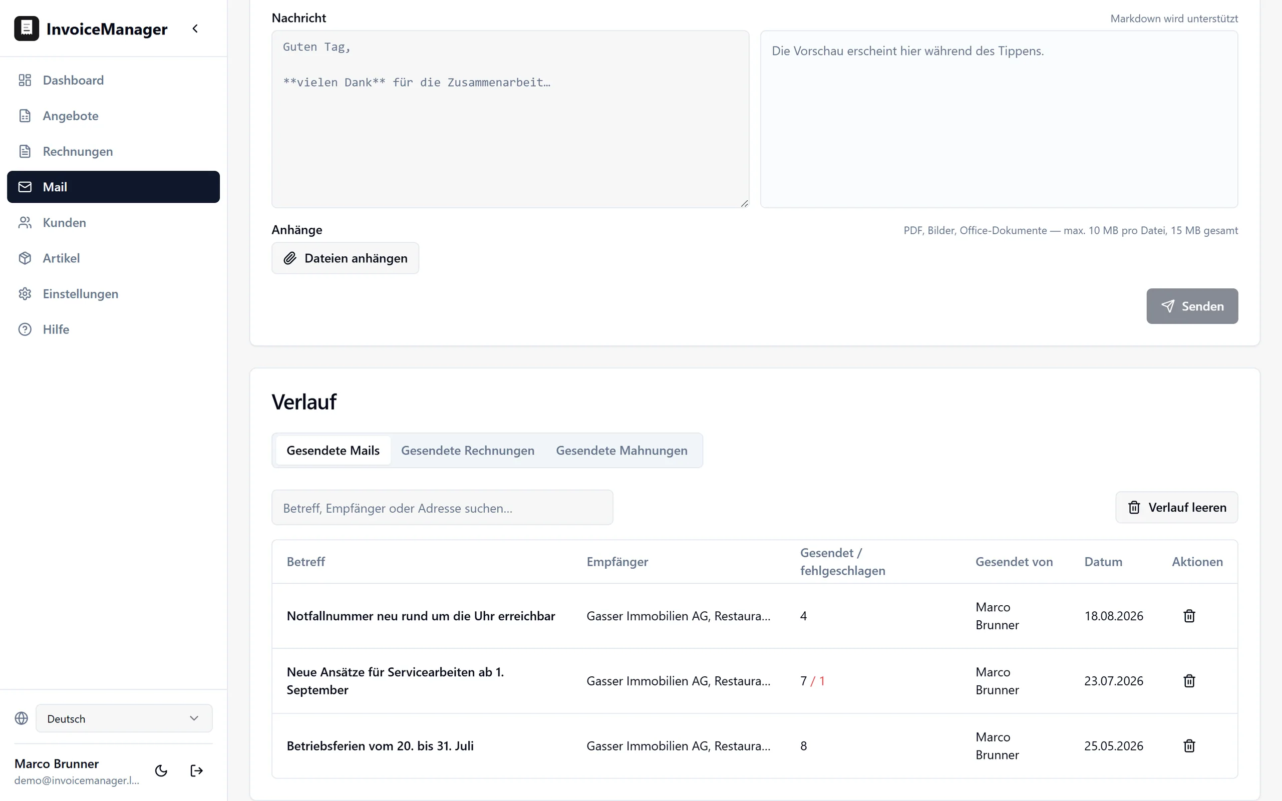 Mail page: the compose area at the top with recipient picker, Markdown message with a live preview and attachments; below it the history with tabs for sent mails, invoices and reminders. One send in the list is marked 7 delivered and 1 failed.
