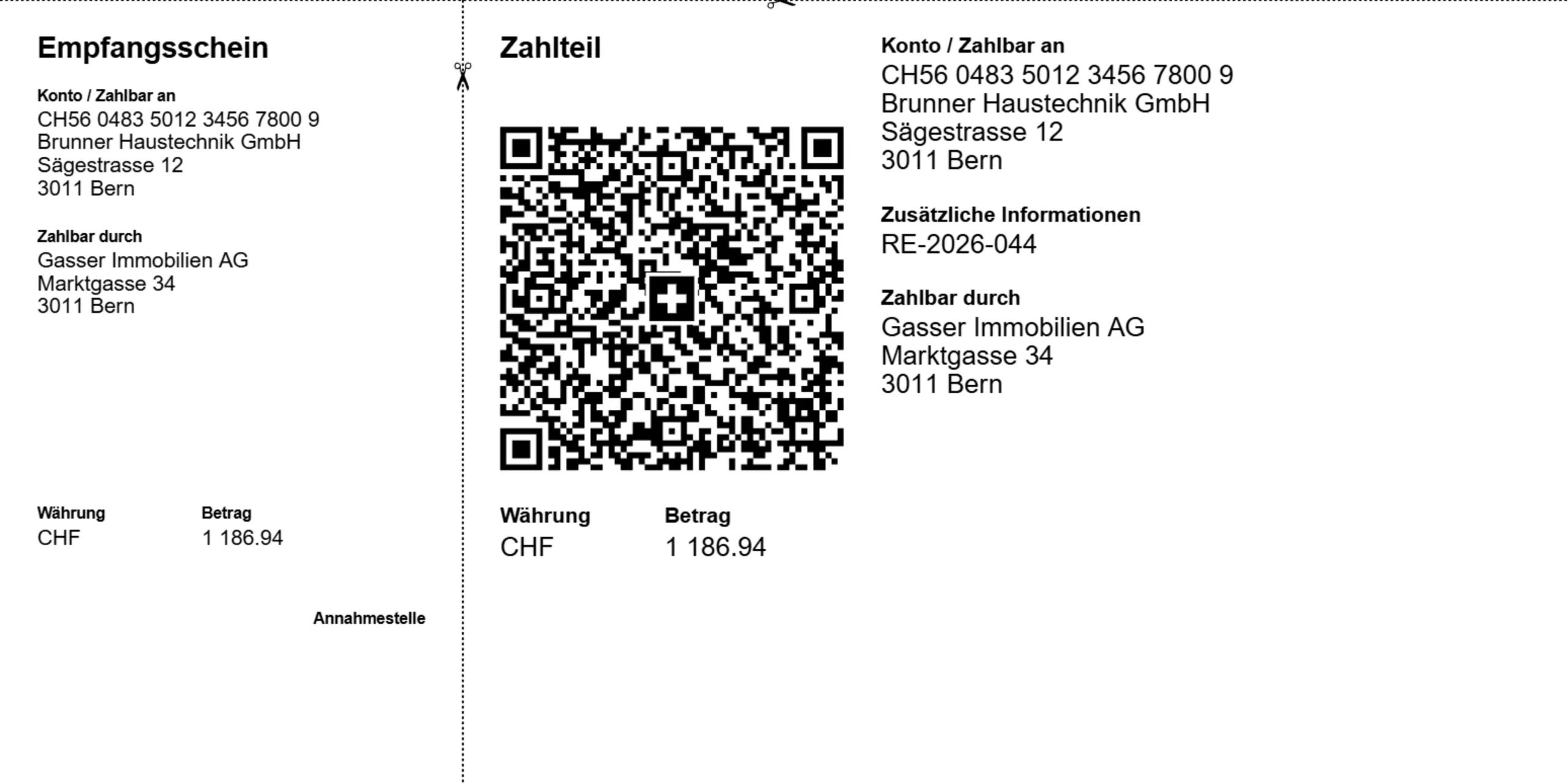 The Swiss payment part of the generated PDF invoice: on the left the receipt slip with account, payable-to and payable-by addresses and the amount; on the right the payment part with the Swiss QR code, the invoice number as the reference, and the same amount.